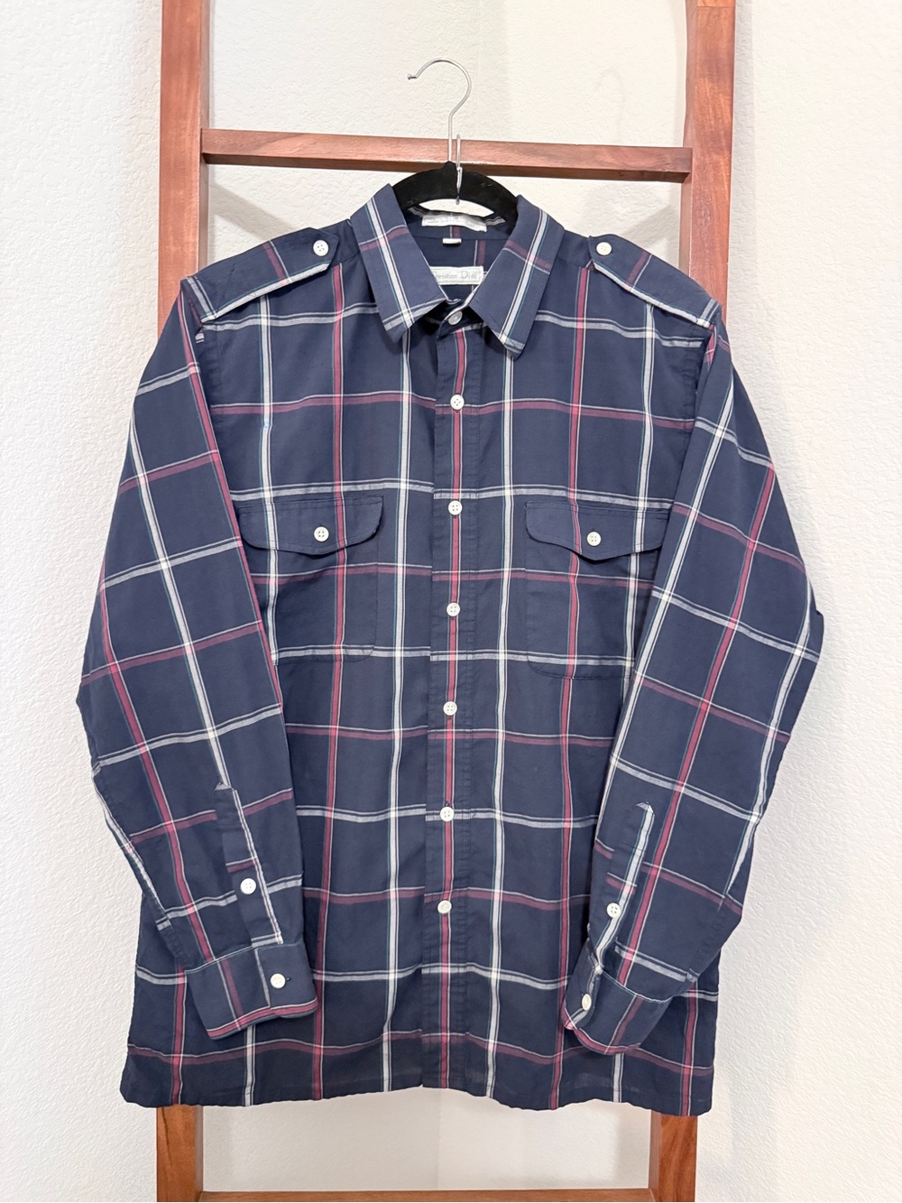 Vintage Christian Dior Plaid Epaulet Button Down Shirt Navy Men’s M - Picture 1 of 9